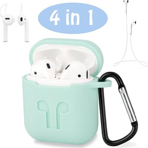 4In1 Anti Shock Silicone Charging Storage Case Pouch Box+Headphone Strap+Ear Cover Hooks+Carabiner For Apple AirPods For Earpods
