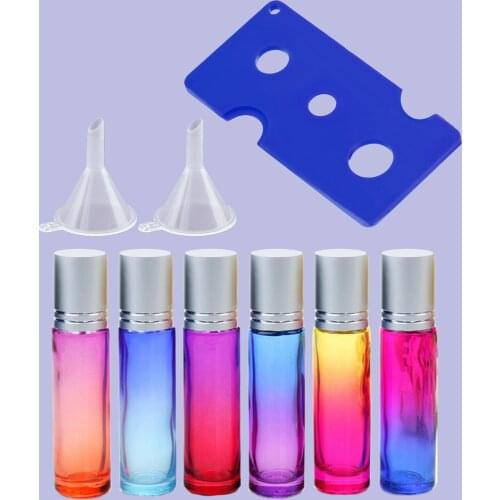 6pcs 10ml Refillable Roller Ball Bottle with Blue Bottle Opener And Two Funnels Empty Essential Oil Perfume Bottle Random Colors