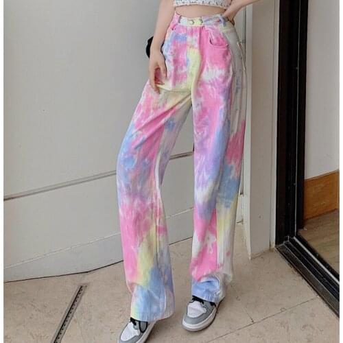 Y2K Rainbow Tie Dye Printed Jeans High Waist Straight Gradient Loose Pockets Denim Pants Streetpants Wide Leg Trousers P045
