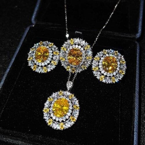 Elegant Women 925 Sterling Silver Topaz Jewelry Set Brilliant Yellow Zircon Crystal Pendants Necklaces Earring Ring Fashion Sets