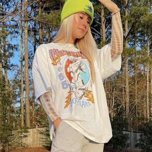 Harajuku White Graphic Oversized T Shirts Women 2021 Gothic Tee Shirt Femme Casual Loose Letter Skull Short Sleeve Tops T-shirts