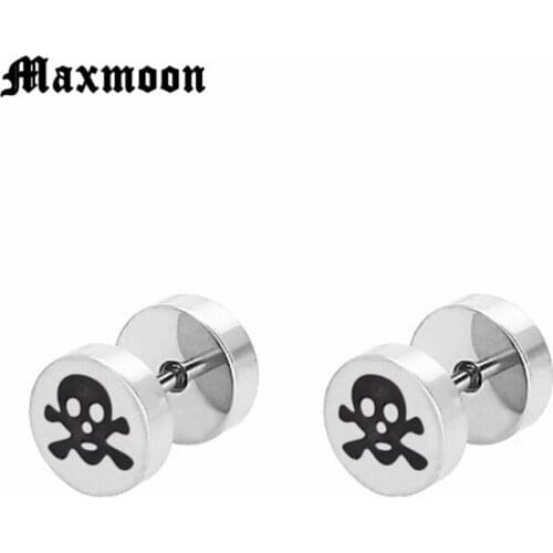 Maxmoon 2pcs Gothic Punk Jewelry Stainless Steel Round Plain Mens Ear Studs Barbell Earrings Piercing Ears Plugs Pendientes