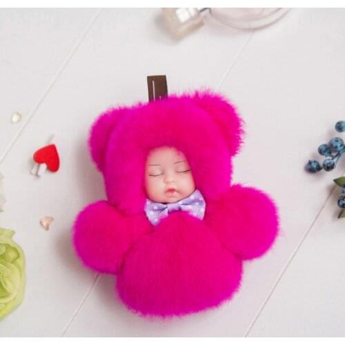 Cute Fluffy Real Rabbit Fur Pompom Sleeping Baby Key Chain Women Rex Bunny Fur Doll Keychain Car Keyring Toy New Year Gift