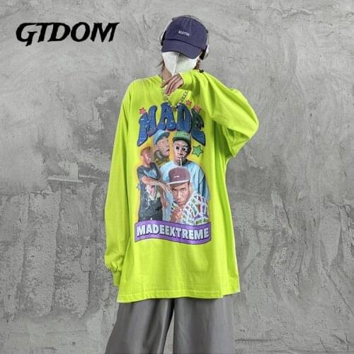 GTDOM Men Cotton 2021 Autumn New Hip Hop Casual Loose T-shirts Portrait Printing O-Neck Long Sleeve Oversize Tops and Tees
