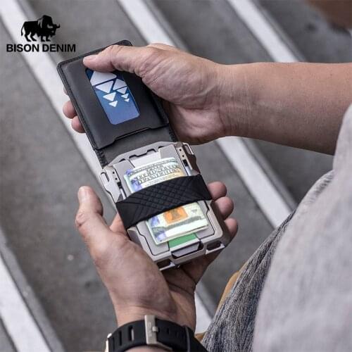 BISON DENIM New Metal Blocking Rfid Mens Slim Wallet Credit Card Holder Magsafe Smart Walet Male Purse QB013-HCD03