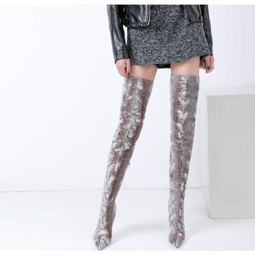New Fashion Light Gray Python Leather Women Over The Knee Boots 2018 Hot Ladies High Heel Thigh Boots Female Knight Boots Size41