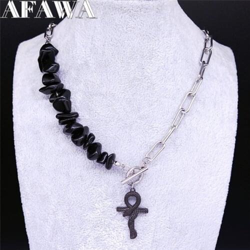Gothic Stainless Steel Black Natural Stone Snake Egyptian Cross Chain Necklaces Women/Men Silver Color Jewelry collier NXS03