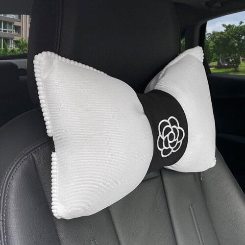 Fashion Rose Flower Car Seat Headrest Neck Pillow Ice Silk Mesh Bowknot Head Waist Pillows Support Car Interior Accessories