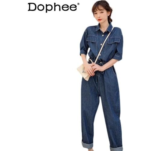 Casual Denim Jumpsuit Womens Summer Thin Fashion Solid Colour Denim Pants New Waist Slimming Elegant Overall Jumpsuit Suit