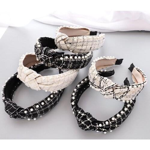 Woolen Plaid Pearl Knot Hairband Knotted Headband for Women Girls Hair Accessories