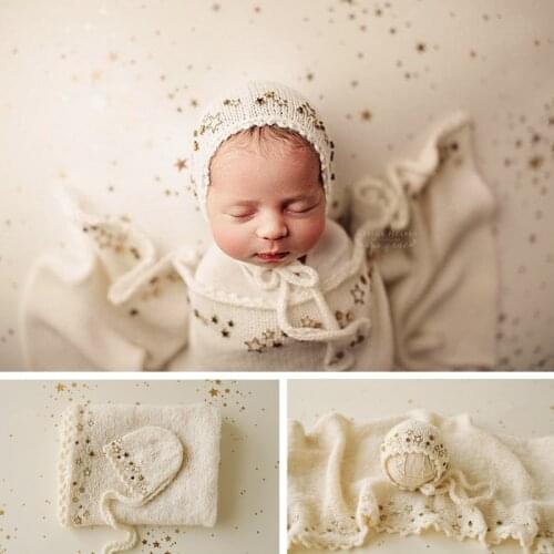 Newborn Photography Props Girl Heavy Industry Starlight Wool Knitted Hat Wrap Set Star Blanket Baby Photo Shoot Background Mat