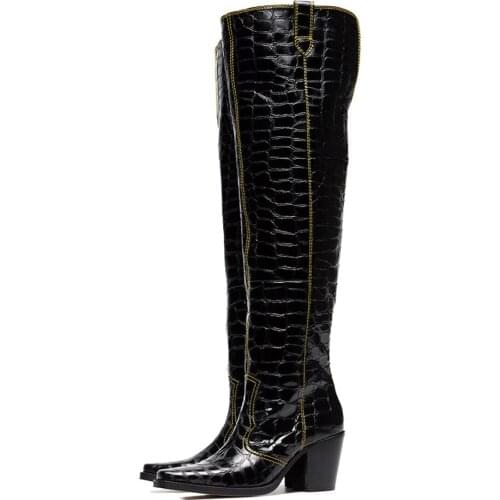 Boots Women Bling Leather Botas Femininas Patent Leather Night Boots Knee High Boots Over The Knee Boots Square Heel Sexy shoes