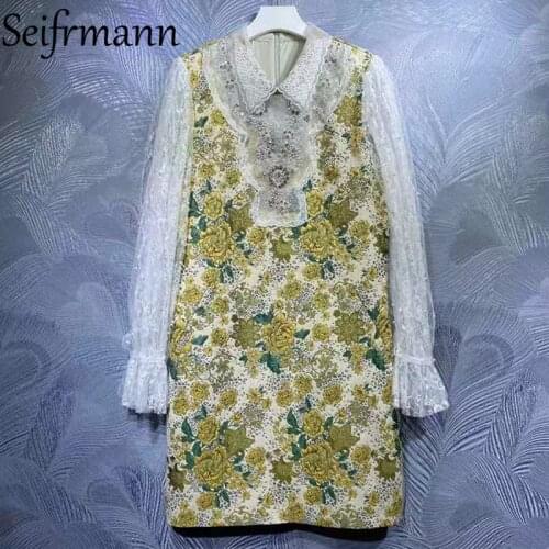 Seifrmann New 2021 Autumn Women Fashion Designer Mini Dress Flare Sleeve Gorgeous Lace Crystal Beading Elegant Dresses Vestidos