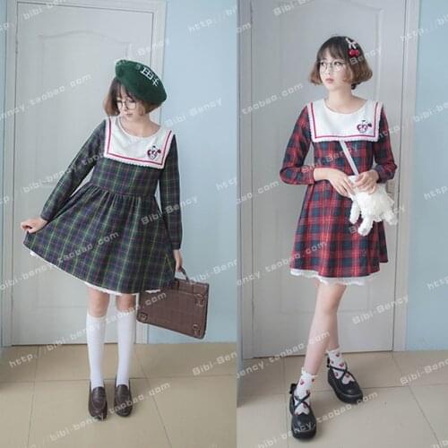 Rabbit Heart Embroidery Kawaii Girls Preppy Style Autumn Long Sleeve Dress Plaid Checks Cute Sailor Collar One-Piece Green & Red