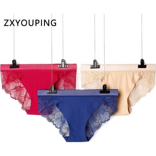 3Pcs/lot Sexy Lace Panties low-Rise Hollow out Transparent Back Briefs Breath-able Underwear Women lingerie S-XL Large Size
