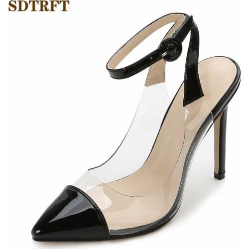 SDTRFT Summer shoes woman 11cm Thin High-Heeled Pointed Toe Stripper Transparent sandals Buckle Narrow Band pumps Eur size:35-46