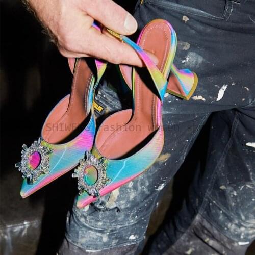 Women Fashionable Bright Color Shoes Summer Ladies High-heeled Shoes Shiny Diamond Decoration Pointed Toe High Heels 35-42