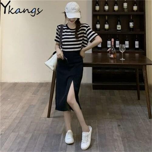 Office Ladies Spring Summer A-Line Retro High Waist Full Swing Midi Skirt Women Show Thin Medium Length Side Split Black Skirt
