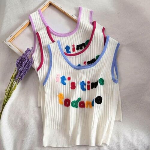 Women Tank Tops Knitted Lettering "ITS TIME TO DANCE" Embriodred Crop tops Women Cute Tank Top For Women 2021 Summer