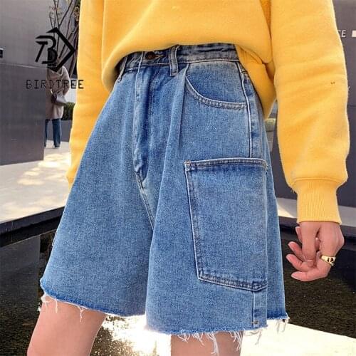 Summer Womens Vintage Plus Size Short Jeans Plain Wide Leg All Match High Waist Loose Casual Straight Short Denim Pant B18580X
