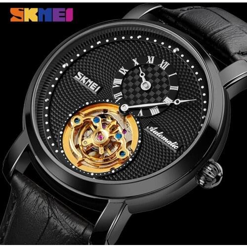 2021 SKMEI Elegant Mechanical Watches Mens Clock Leather Strap Round Hollow Dial Automatic Wristwatches Men Male Reloj Hombre