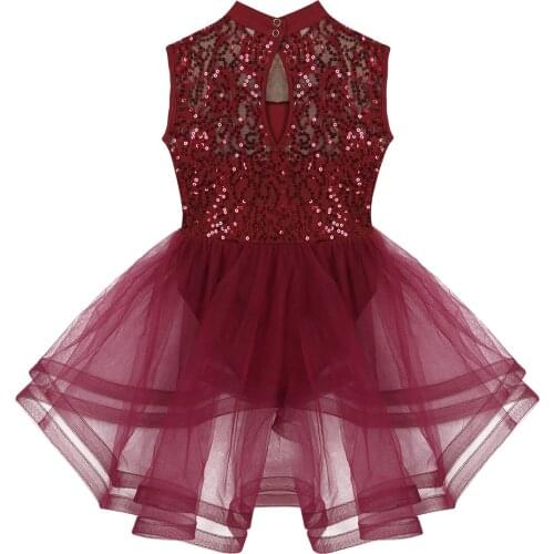 Kids Shiny Sequins Mesh Tutu Ballet Figure Skating Dress Teen Girls Gymnastics Leotard Performance Competition Dance Costumes