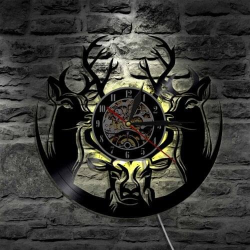 Wild Deer Wall Art Clcok Woodland Deer Vinyl Record Wall Clock Forest Landscape Canvas Nordic Home Decor Hunting Gift For Him
