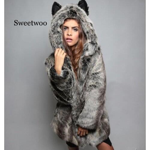 Long Faux Fur Hooded Coat Winter Warm Imitation Fox/Rabbit Thick Fur Jacket With Ears Plus Size Windproof Plush Thick Outwear