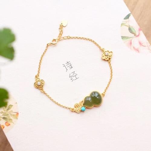 Natural Hetian Jade Gray Jade Antique Gourd National Goddess with Refined Stylish and Versatile Turquoise Bracelet Wrist Ring