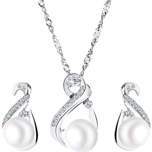 Crystal Pearl Pendant Necklace Earrings Wedding Jewelry Set New Bride Jewelry Sets For Women Gift