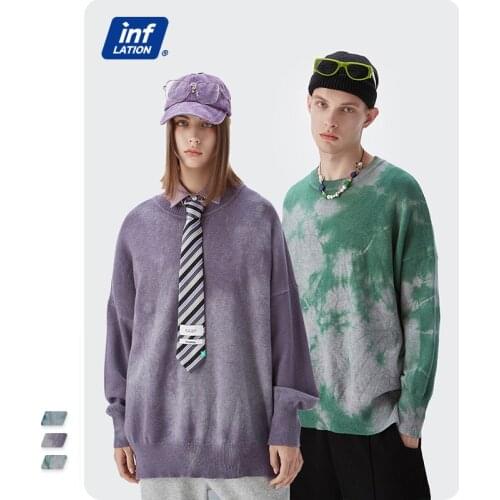 INFLATION Oversized Sweater For Men Women Vintage Tie Dye Sweater Couple Fashion Split Crew Neck Knitted Pullover Sweater Men