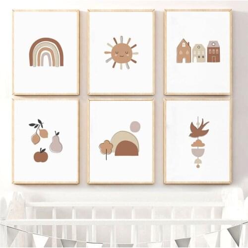 Canvas Painting Cartoon Sun Rainbow Prints House Mountain Posters and Prints Kids Room Wall Art Picture Childrens Room Decor