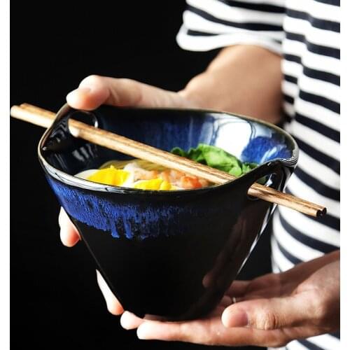 Japanese Style Ceramic Bowl Dark Blue Instant Noodles Bowl Soup Bowl Retro Ceramic Tableware 500ml Hat Bowl High Quality