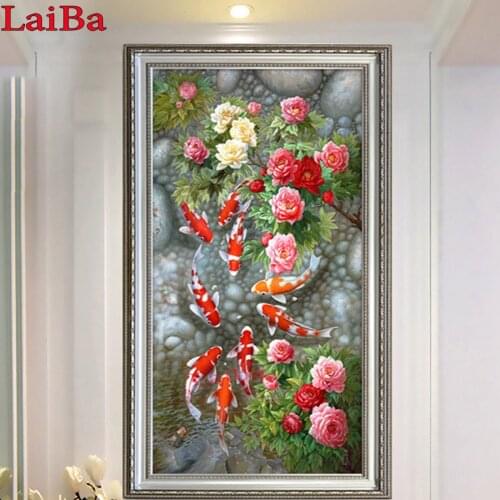 Koi Fish flower Feng Shui Carp Diamond Painting Cross Stitch Diamond Embroidery Full Square Round Rhinestone painting decor gift