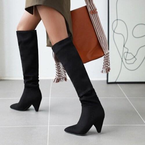 Foreign trade autumn and winter womens shoes leopard print boots tapered heel high boots elastic boots large womens Boots