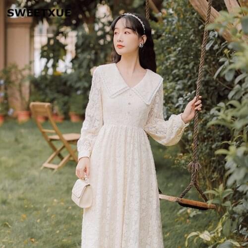 SWEETXUE Preppy Style Sweet Cute Kawaii Dress Long Sleeve Lace Literary Retro Ssolid Color Party Dress Women