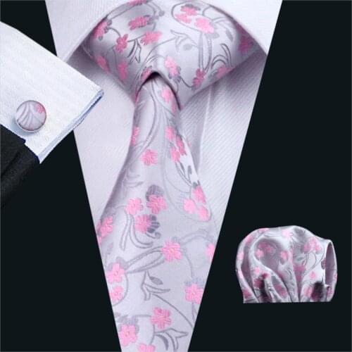 FA-1049 Mens Ties Gray Floral Silk Jacquard Neck Tie Hanky Cufflinks Set Ties For Men Business Wedding Party Free Shipping
