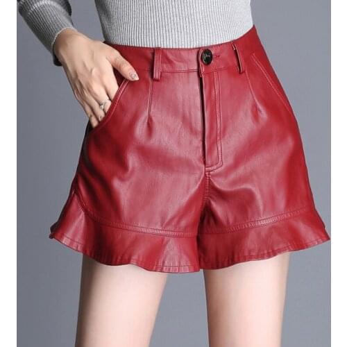 Winter 2018 Fall Women Wine Red Ruffles Black High Waisted PU Leather Shorts , Autumn Slim Shorts For Woman