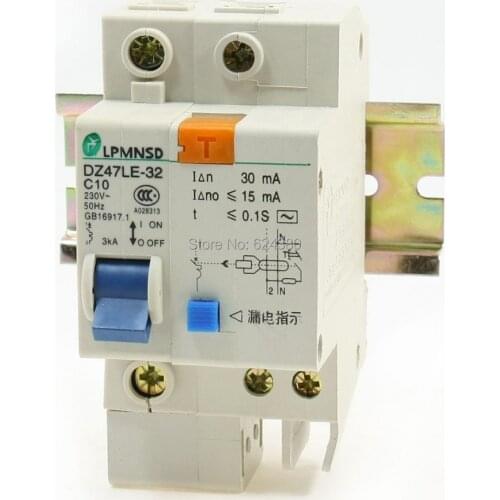 AC 230V 220V 10A 1P 1 Pole Phase 3kA Overload Protection Household Earth Leakage ELE Circuit Breaker DZ47LE-32 C10 w Lead Rail