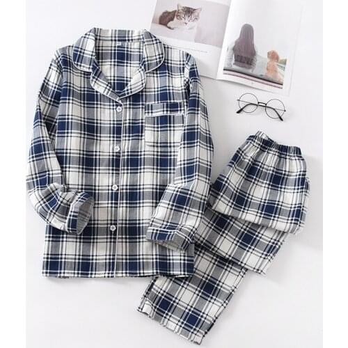Summer Couple Cotton Double Gauze Pajamas Long Sleeve Plaid Printing Pyjamas Women and Men Sleepwear Home Clothes 2 Piece Pj Set