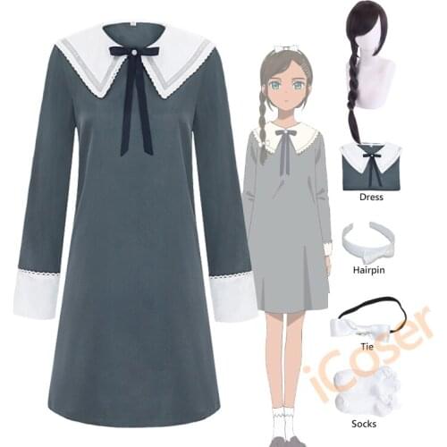 Anime Wonder Egg Priority Neiru Aonuma Cosplay Dress Long Sleeve Gray Dress Long Wig Braid Halloween Party Women Costume
