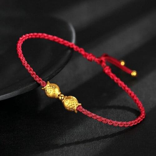 Genuine 24K Yellow Gold Two-Fish with One Bead Red Cord Bracelet Length from 5" to 15"