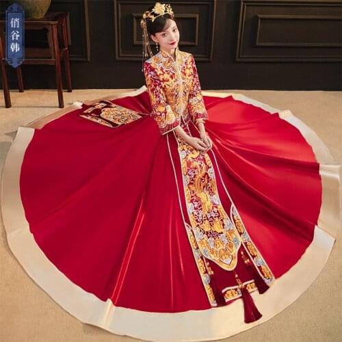 Retro Exquisite Dragon Phoenix Embroidery Cheongsam Chinese Couple Wedding Suit Elegant Bride Marry Dress китайская одежда