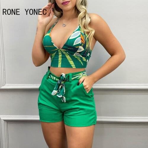 Women Two Piec Set Floral Print Deep V Neck Sleeveless Top & Shorts Set With Belt Summer suit