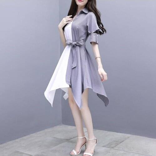 Cold Wind Dress Womens Summer 2021 Korean Version Asymmetrical Chiffon Turn-down Collar Belt Dresses Loose Waist Fashion