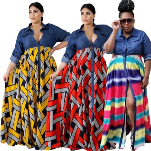 Autumn Womens Clothing V Neck Denim Crop Top Long Sleeve Vintage Maxi Dresses for Women Plus Size Dress Wholesale Dropshipping