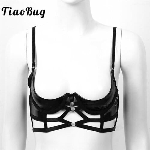 Women Patent Leather Erotic Lingerie Adjustable Straps Caged Open Cup Strappy Underwired Push-up Bra Tops Underwear Sexy Harness