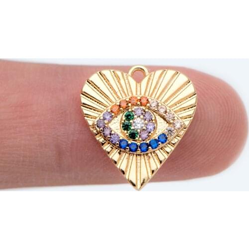 4pcs CZ Paved Colourful Gold Heart Evil Eye Charm 15mm, Gold Plated Brass Heart Pendant (GB-1965)
