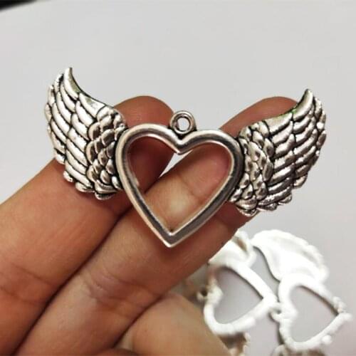 4pcs/Lot--47x30mm Heart Pendants Antique Silver Plated Angel Wings Charms,DIY Supplies,Jewelry Making Finding Accessories