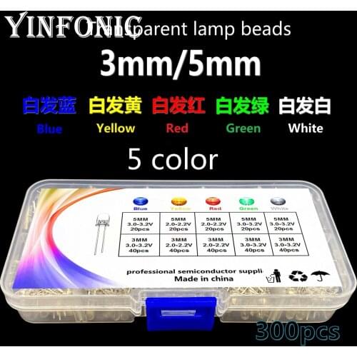 5 colors 300pcs Transparent F3 3mm/F5 5mm round White Red Yellow Blue Green LED kit box